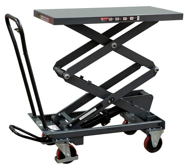 Heftafel verrijdbaar, voetbediening, 150 kg, 830 x 500 blad, hefhoogte 1435